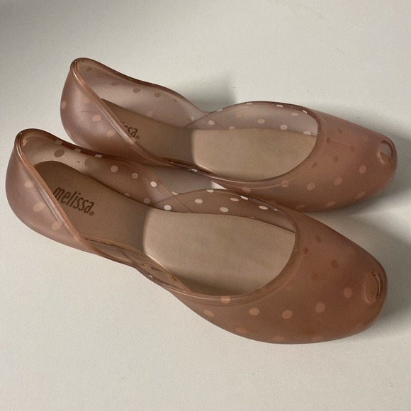 Melissa Jelly Flat Ballet Round Peep toe Pink Polka Dot PVC Slip On 7 38 - Picture 2 of 6